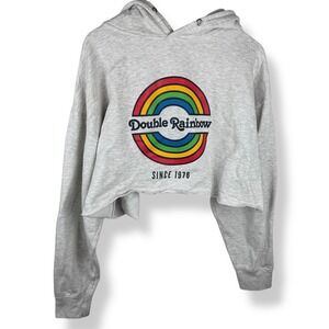 Double Rainbow Oversized Cropped Hoodie Womens Size XL Gray Retro Pride Raw‎ Hem
